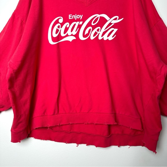 Coca-Cola Red Oversized Distressed Drop Shoulder 3/4 Sleeve V-Neck Sweatshirt - Picture 6 of 13